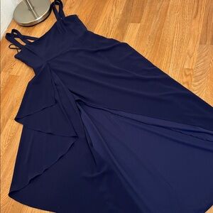 NWT XSCAPE navy blue sleeveless asymmetrical high-low maxi dress. Size 14.
